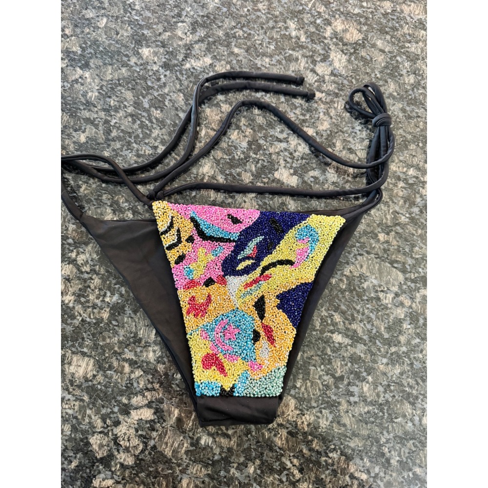 Oceanus Swimwear Black Beaded Bikini Bottom Multi Color Side‎ Tie Medium London